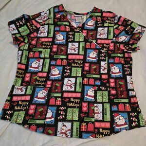 Scrubstar Christmas Holiday Santa Frosty Scrub Top XL XG 100% Cotton